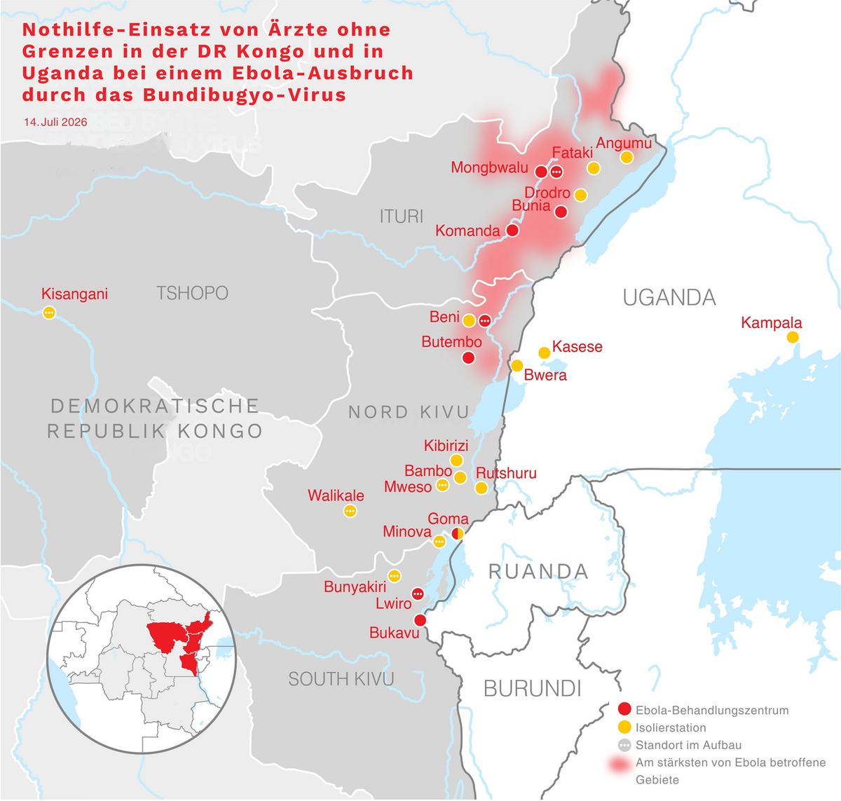 Carte de l'intervention de Médecins sans frontières en RD Congo et en Ouganda contre l'épidémie d'Ebola Bundibugyo, état au 14 juillet 2026.