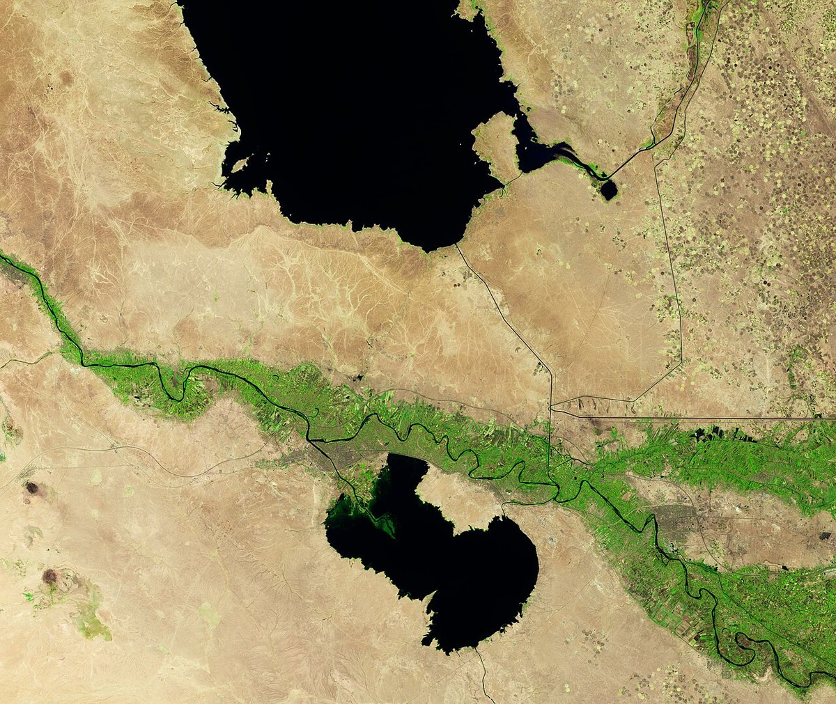 Image satellite Landsat publiée par le NASA Earth Observatory (série « Iraq Reservoirs Plunge to Low Levels ») : en bas, la vallée verte de l'Euphrate en Irak ; en haut, le lac Tharthar, le plus grand réservoir du pays, alimenté par le Tigre. Une vue du bassin, pas une mesure du débit.