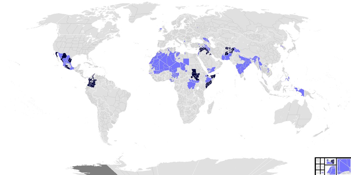 Carte des pays touchés par des guerres ou des conflits armés, tenue à jour par les contributeurs de Wikimedia (version consultée le 11 octobre 2026).