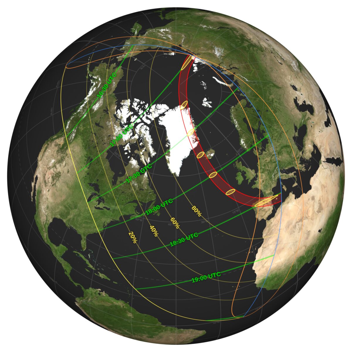美国国家航空航天局（NASA）于2026年5月22日发布的地图，比这次天象早了将近3个月：图中标出了2026年8月12日日全食的阴影经过的路线（标注为英文）。