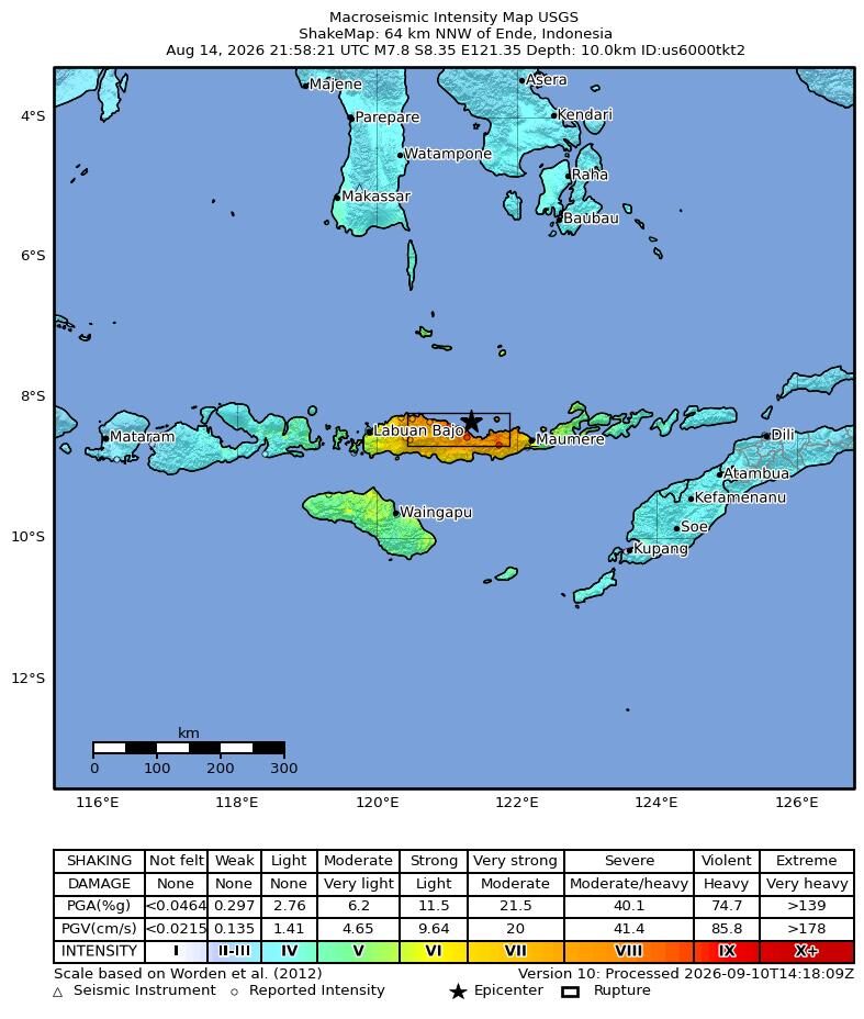 美国地质调查局（USGS）的震动分布图：2026年8月14日，印度尼西亚恩德附近发生7.8级地震，这是2026年有记录的12次7级及以上地震之一。颜色从绿色（轻微震动）到红色（强烈震动）；图例为英文。