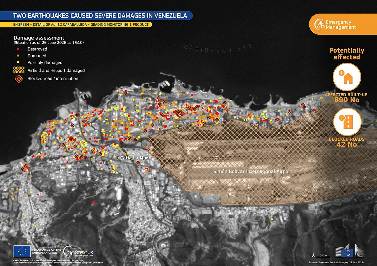 Dégâts du double séisme du 24 juin 2026 dans le nord du Venezuela, vus par satellite (Copernicus, cartographie d'urgence).