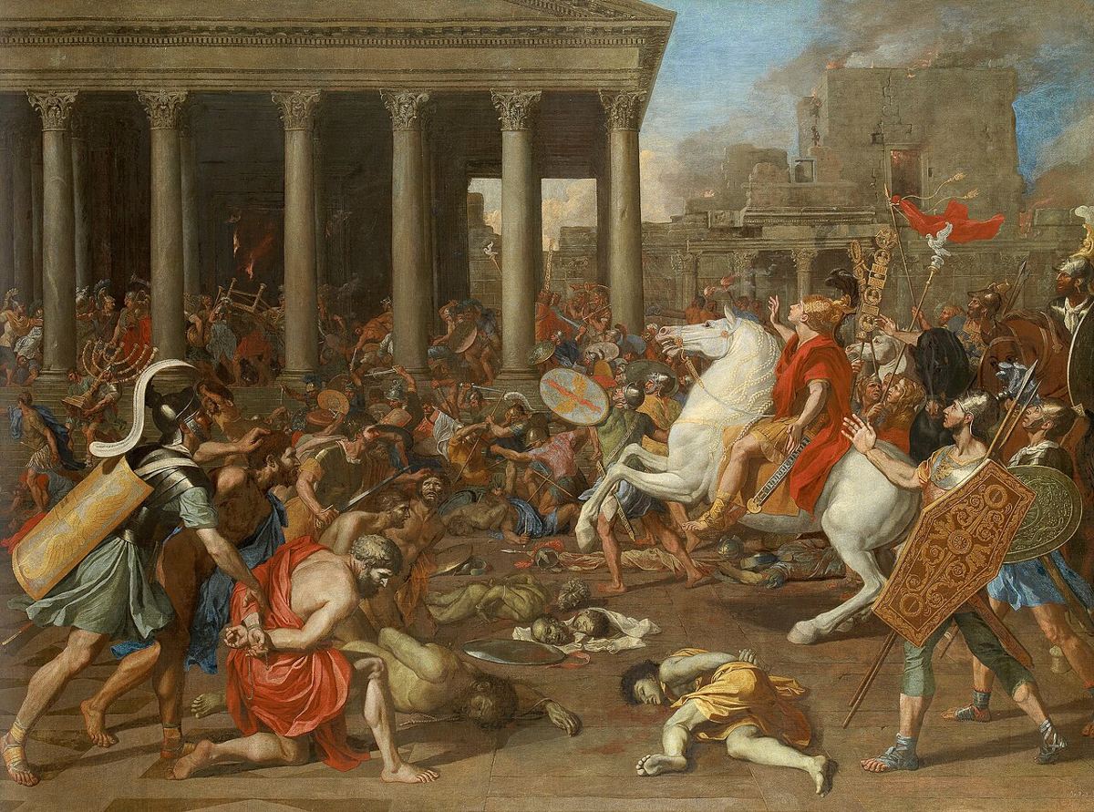 The soldiers of Titus within the Temple precinct in 70, artist’s impression by Nicolas Poussin (1635). The link to Matt 24:15 is a connection, not a statement of the text.