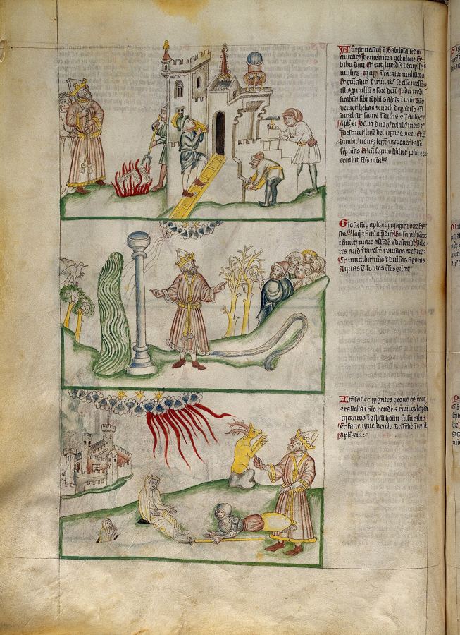 Vie de l'Antéchrist, enluminure médiévale : il fait rebâtir le temple de Jérusalem, puis accomplit des prodiges. Lecture médiévale, pas texte biblique ; l'horizon final reste une hypothèse.
