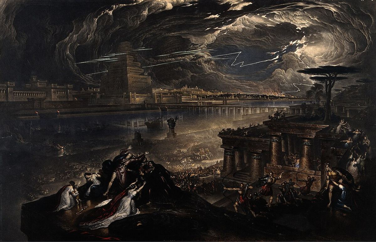 La caída de Babilonia, visión de artista de John Martin (1819, grabada en 1831). Toma violenta imaginada: en realidad, Ciro entró sin combatir en el 539.