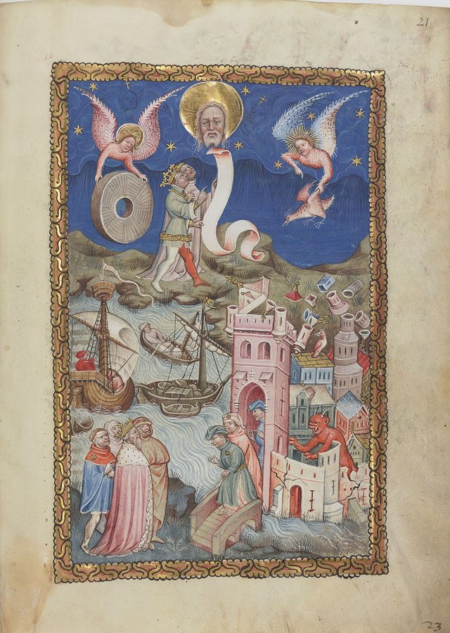 « La chute de Babylone », enluminure de l'Apocalypse flamande, XVe siècle (Bibliothèque nationale de France, ms. néerlandais 3, f. 21r). Un ange jette une meule dans la mer, la ville s'effondre, les marchands et les rois se lamentent (Ap 18) ; vision d'artiste.