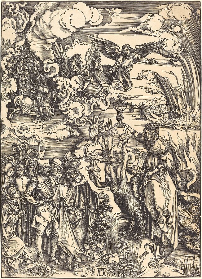 « La prostituée de Babylone », gravure sur bois d'Albrecht Dürer, vers 1496-1498, série de l'Apocalypse (National Gallery of Art, Washington). Elle montre la femme assise sur la bête à sept têtes, la coupe à la main (Ap 17) ; vision d'artiste.