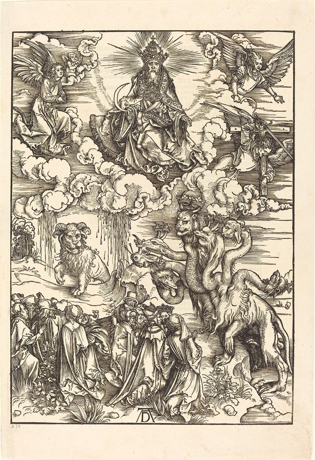 The seven-headed beast worshipped and the beast with lamb’s horns (Rev 13). Artist’s impression by Albrecht Dürer (1498); a scene announced by the text, not one that has happened.