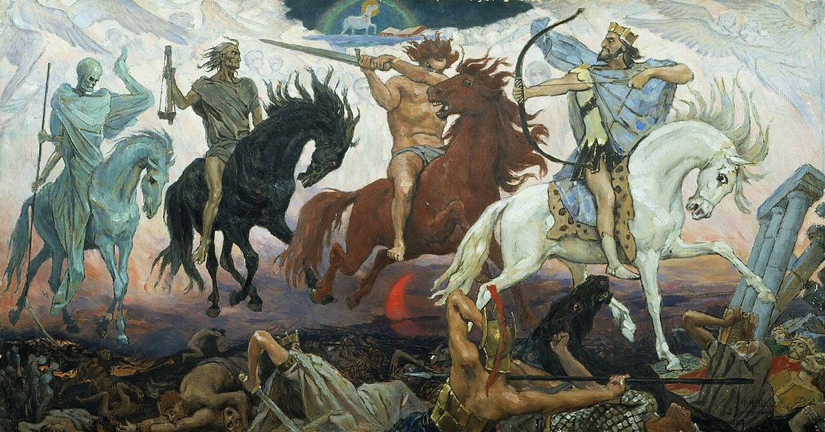 Los cuatro jinetes, visión de artista de Víktor Vasnetsov (1887). Guerras y hambres relacionadas con Mt 24:6-7: paralelo de motivos, no identidad.