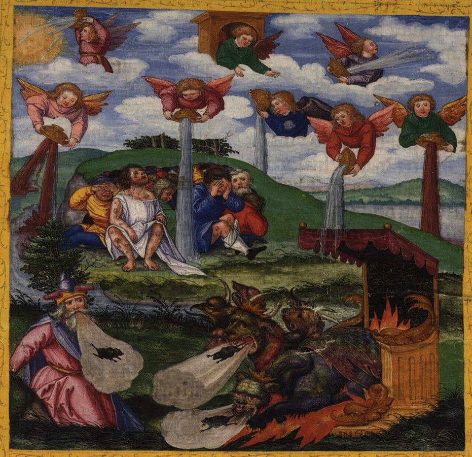 Les anges versent les coupes de la colère sur la terre, la mer, les fleuves et le soleil (Ap 16:1-16), telles qu'imaginées par Matthias Gerung (v. 1530). Scène à venir.