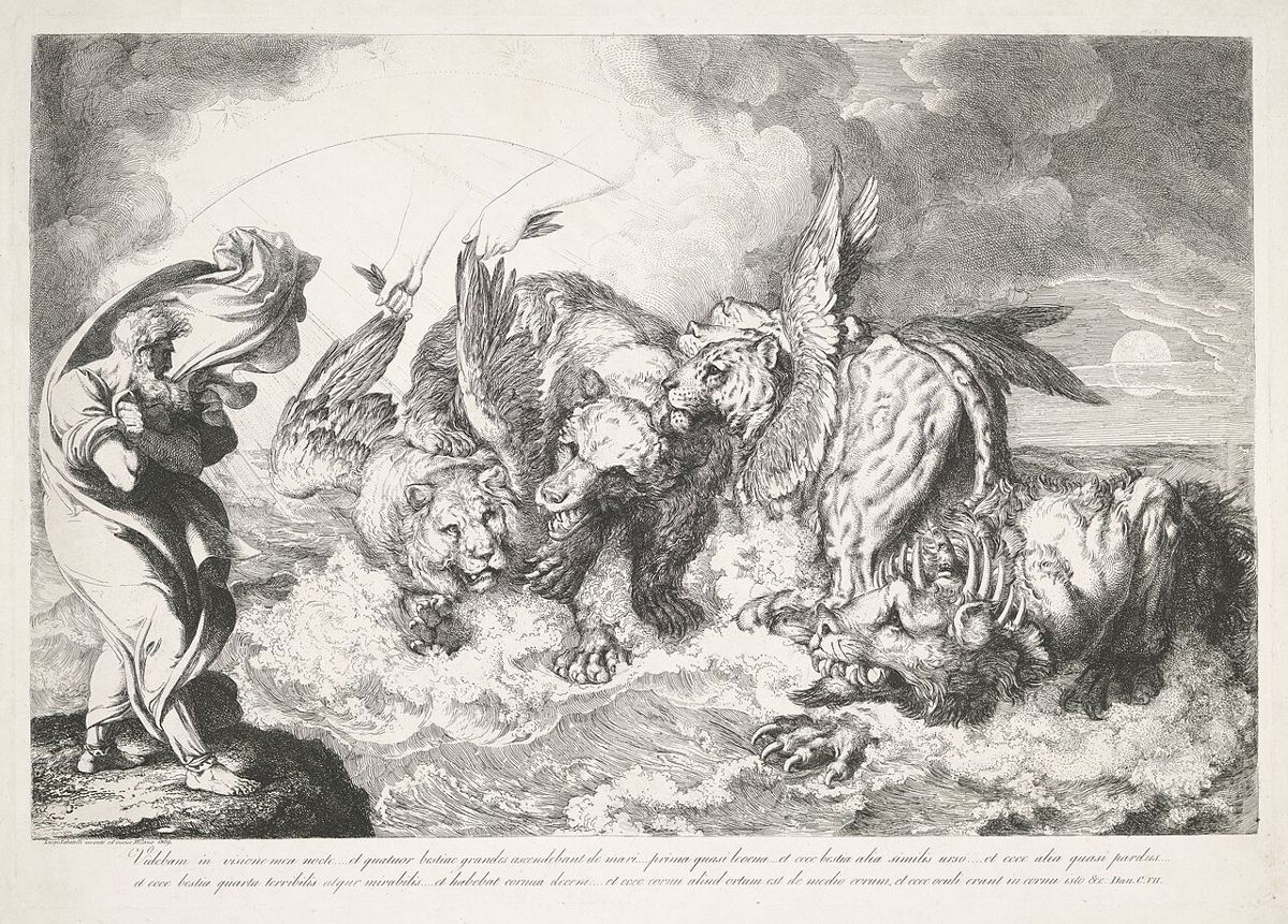 Quatre bêtes sortent de la mer ; la quatrième, aux dix cornes, porte la petite corne qui parle (Dn 7). Eau-forte de Luigi Sabatelli (1809), vision d'artiste.