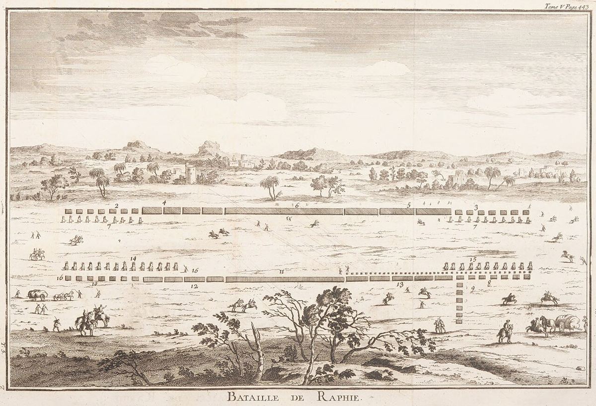La batalla de Rafia (217 a. C.), visión de artista grabada para una Historia de Polibio (hacia 1729): la derrota de Antíoco III que se lee en Dn 11:11.