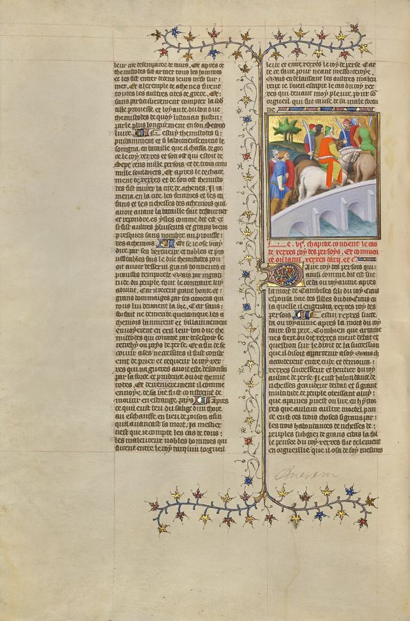 Xerxès franchit avec son armée un pont vers la Grèce, vision d'artiste médiévale du Maître de Boucicaut (Paris, vers 1413-1415).