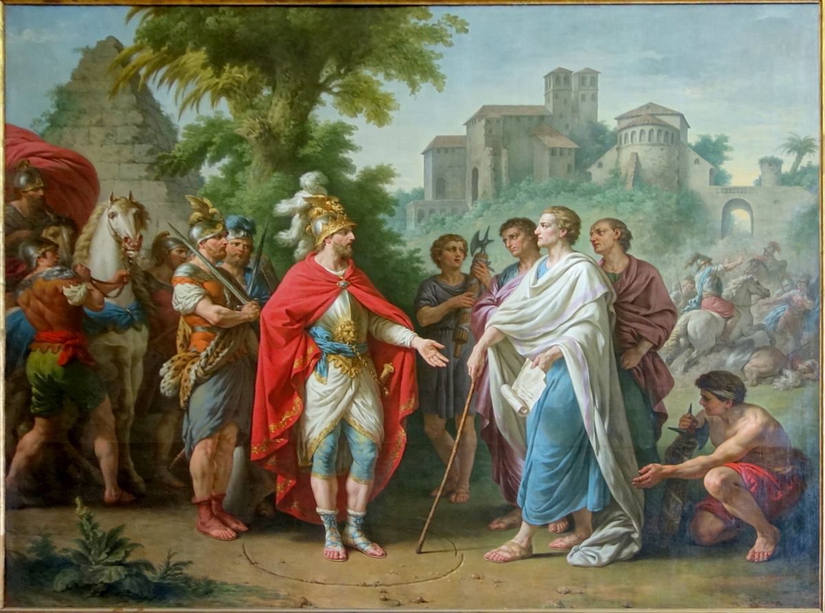 Le Romain Popilius Laenas arrête Antiochus IV en Égypte (168 av. J.-C.), épisode que l'on rattache aux « navires de Kittim » ; vision d'artiste de Lagrenée (1779).