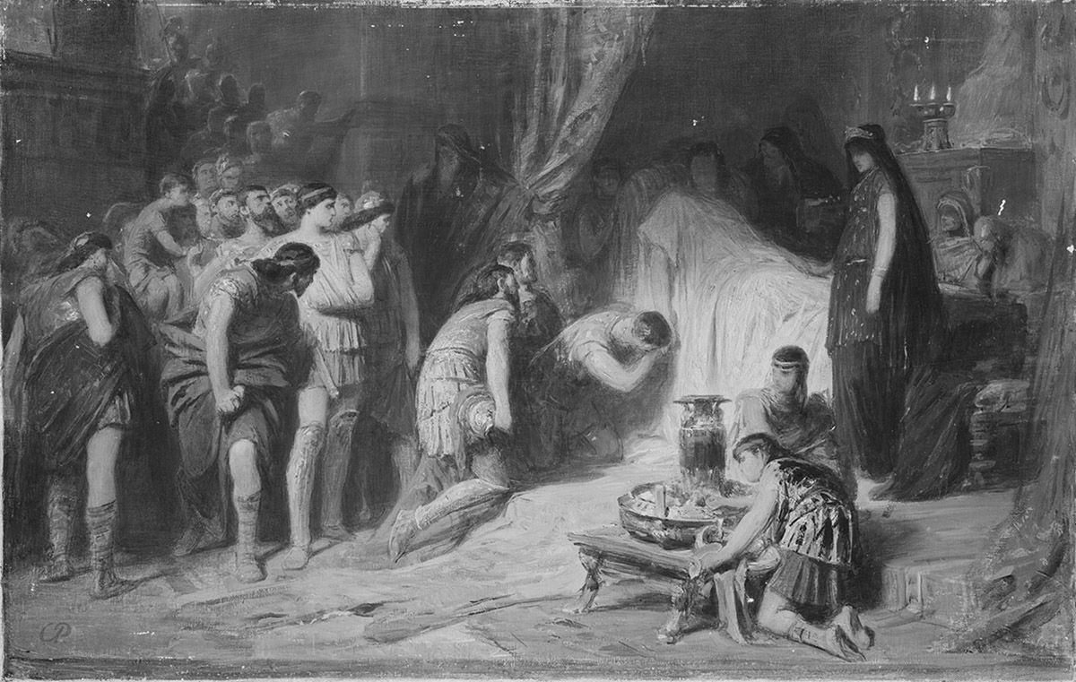 Alexandre mourant à Babylone en 323 av. J.-C., entouré de ses généraux qui se partageront l’empire : vision d’artiste de Karl von Piloty, vers 1886.