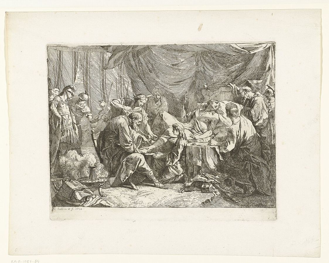 Antiochus IV dying, tended on his bed after his fall (2 Macc 9): artist’s impression by Noël Hallé, etching, 1738. This death does not match Dan 11:45.