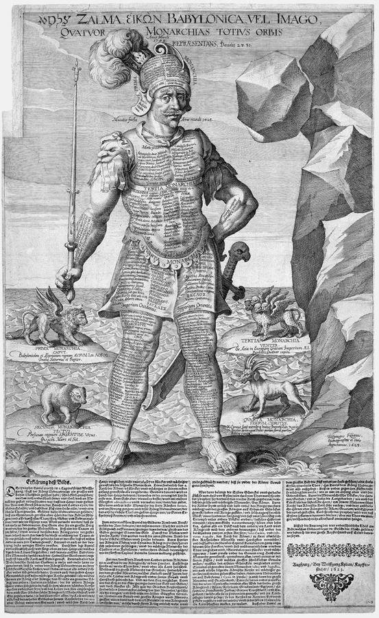 La statue du songe de Nabuchodonosor, aux métaux superposés et aux pieds de fer et d’argile (Dn 2:31-35) : vision d’artiste, gravure de Wolfgang Kilian, 1623.