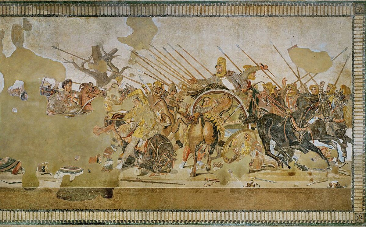 Alexander Mosaic (Pompeii, Naples Museum): Alexander facing Darius III. Ancient artist’s impression, a Roman copy of a Greek painting.