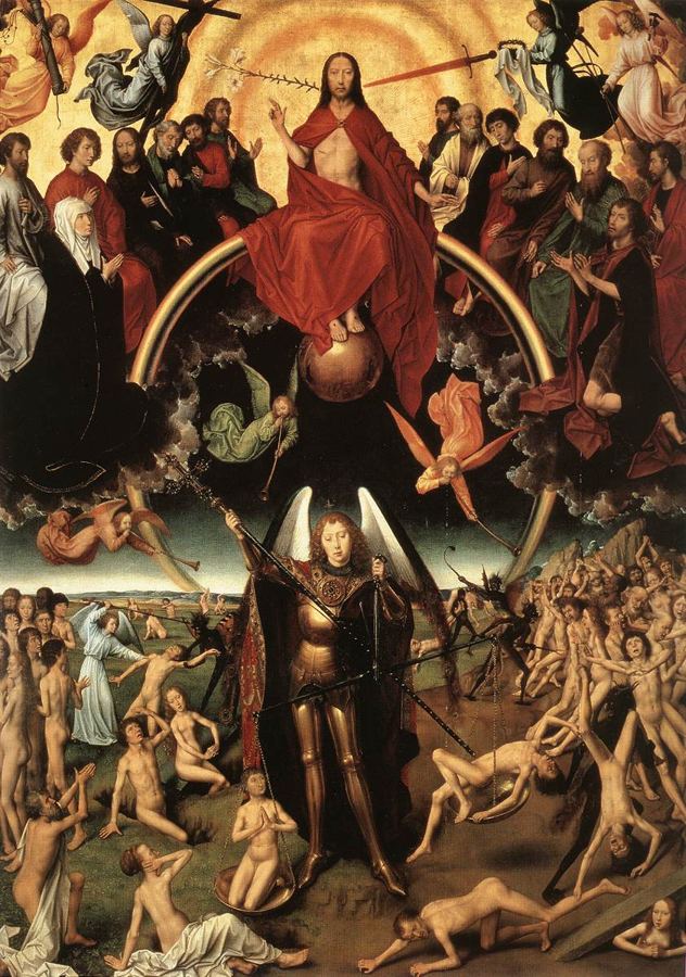 Saint Michel parmi les morts qui se relèvent, vision d'artiste de Hans Memling (v. 1467-1471). Dn 12:1-2 associe Michel et le réveil des morts ; scène à venir.