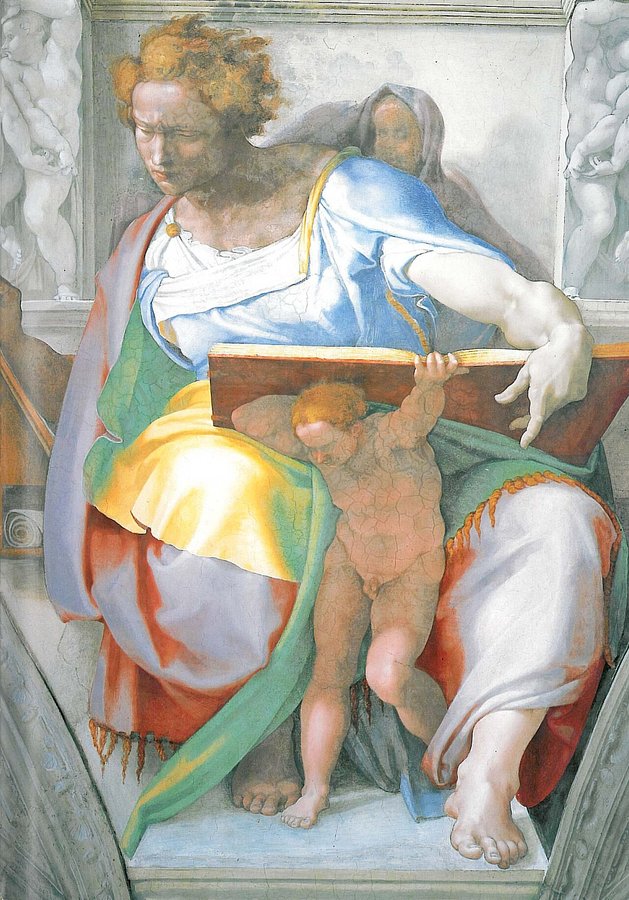 El profeta Daniel, fresco de Miguel Ángel, 1508-1512, bóveda de la Capilla Sixtina (Vaticano). Está sentado ante un gran libro, que sostiene un putto; acercamiento con «sella el libro» (Dn 12:4); visión de artista.