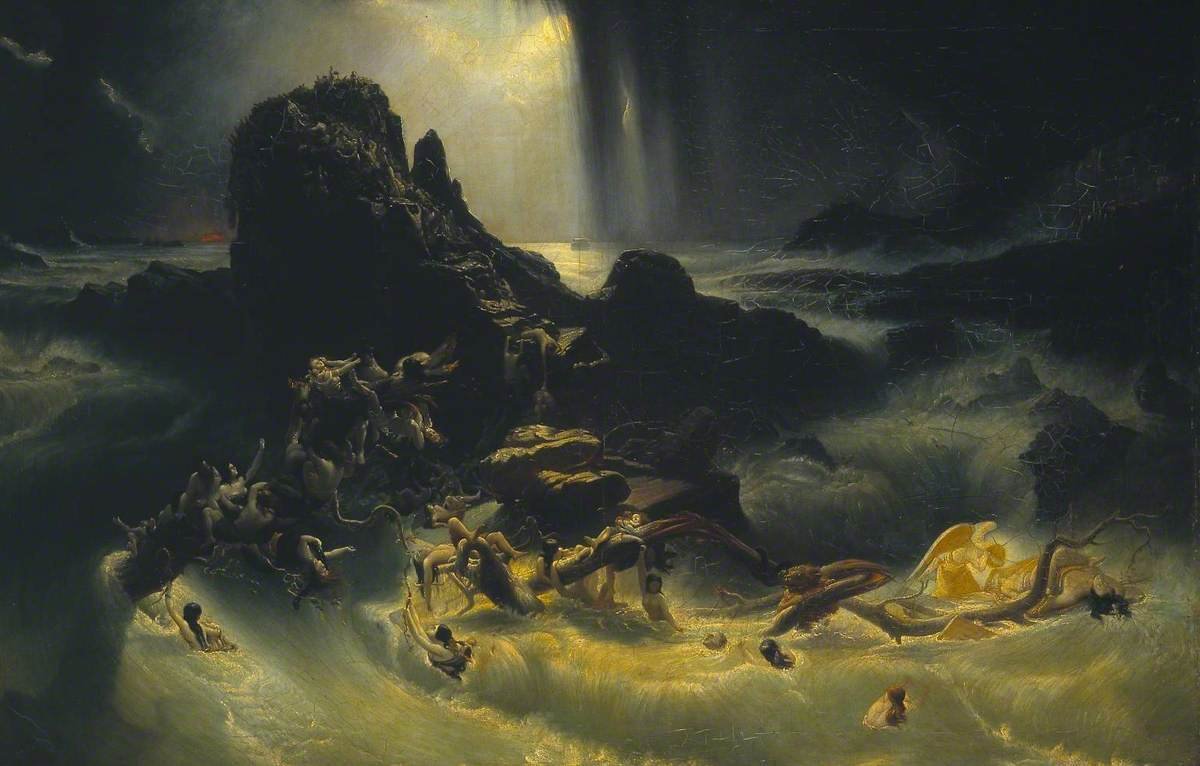 « Le Déluge », huile de Francis Danby, 1840 (Londres, n° d'inventaire N06134). Elle montre le déluge de Gn 7, auquel Jésus compare « les jours de Noé » (Mt 24:37-39) ; elle ne représente pas la vie ordinaire d'avant le déluge ; vision d'artiste.