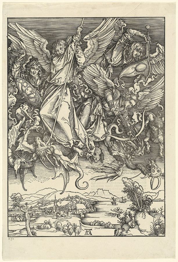 Michael and his angels fight the dragon (Rev 12:7-9). A scene announced by the text, as imagined by Albrecht Dürer (1498).