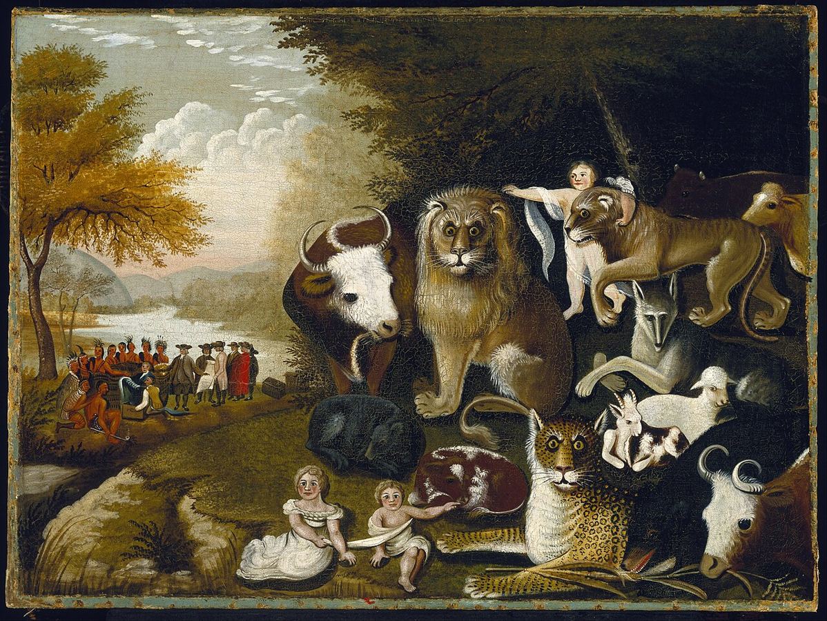 El lobo, el cordero, el león y el niño pequeño de Isaías 11: visión de artista de Edward Hicks, El reino pacífico, hacia 1833-1834.