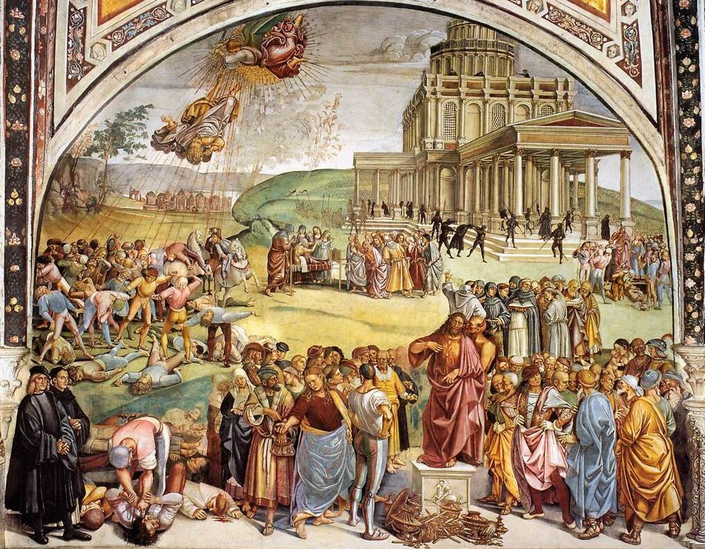 Sermon and Deeds of the Antichrist, fresco by Luca Signorelli (Orvieto, 1499-1502): a preacher who looks like Christ, with the devil whispering his words to him, surrounded by the crowd listening. An artist's vision of the foretold deception.