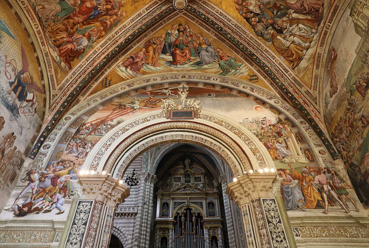 La angustia del fin del mundo, fresco de Luca Signorelli (Orvieto, 1499-1502). Visión de artista; la angustia anunciada en Mt 24:21 no ha ocurrido.