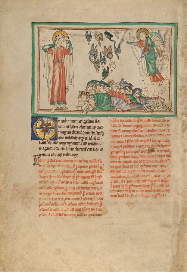 L'ange debout dans le soleil appelle les oiseaux au grand festin (Ap 19:17-18), vision d'artiste d'une enluminure anglaise (v. 1255-1260). Ez 39:17-20 porte la même convocation ; scène à venir.
