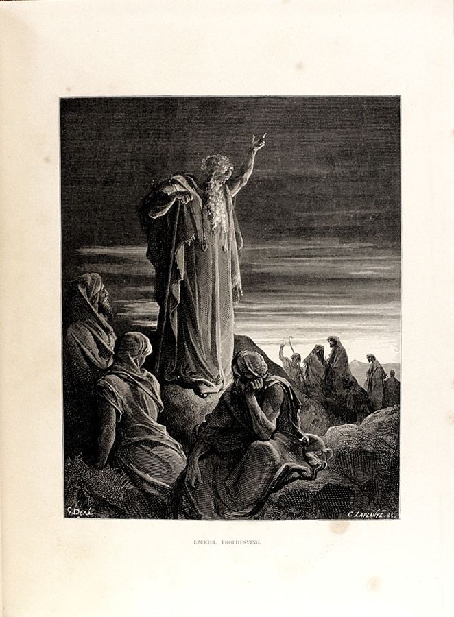Ezekiel prophesying, artist’s impression by Gustave Doré (1866). Ezek 38:2 orders him to prophesy against Gog; the image does not show the coalition itself.