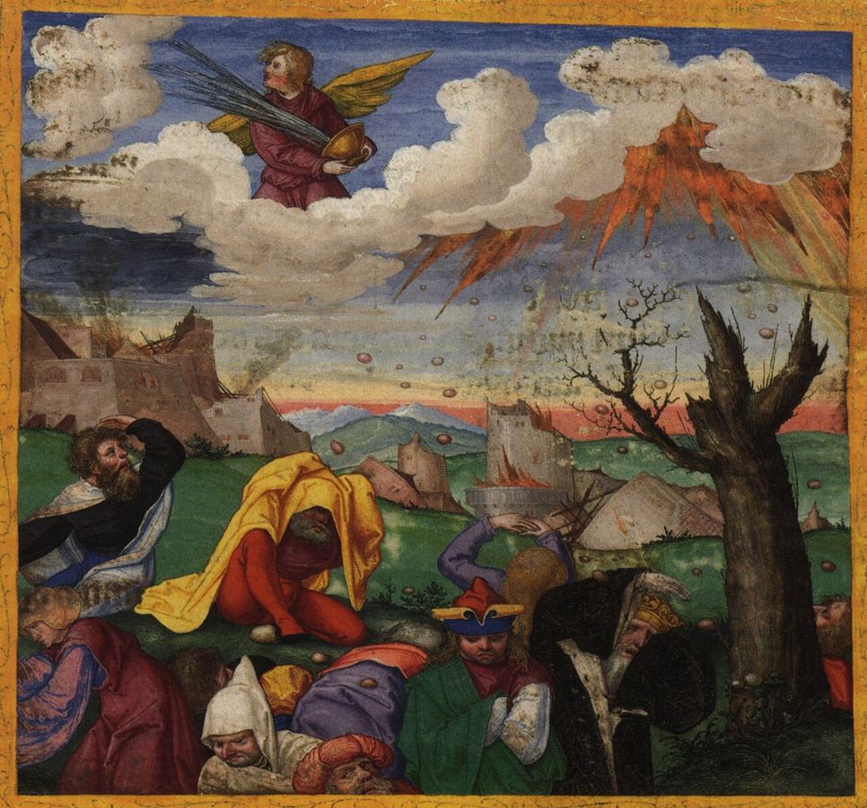 Septième coupe : grand séisme, villes qui tombent et énorme grêle (Ap 16:17-21), vision d'artiste de Matthias Gerung (v. 1530). Ez 38:19-22 annonce des fléaux semblables contre Gog.