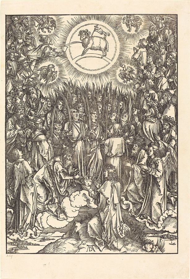 The multitude clothed in white robes, palm branches in hand, before the throne and the Lamb, as imagined by Albrecht Dürer (1498). Artist’s impression of an announced scene that has not yet happened.
