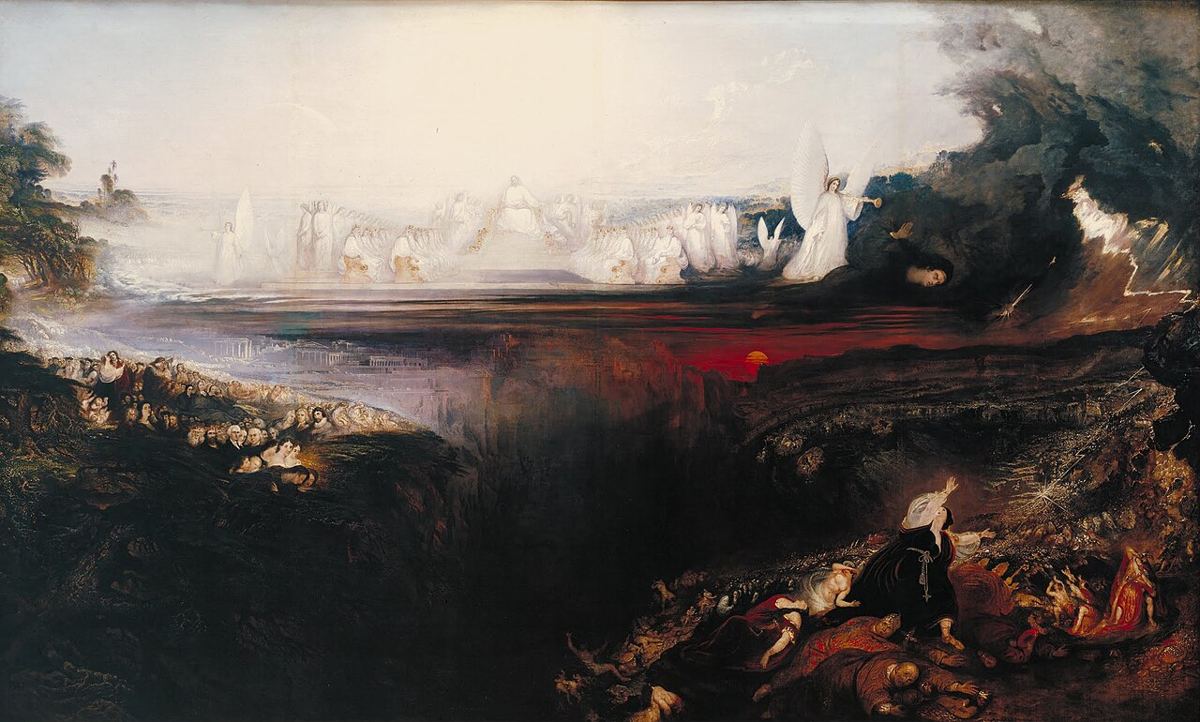 Le jugement dernier, vision d'artiste de John Martin (1853) : le trône, les morts rassemblés, la séparation. Scène annoncée par Ap 20:11-15, pas arrivée.