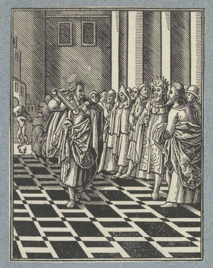Jérémie portant le joug devant le roi Sédécias, vision d'artiste de Christoffel van Sichem (gravure, 1645-1646) — le joug qu'Hanania brisera (Jr 28:10).