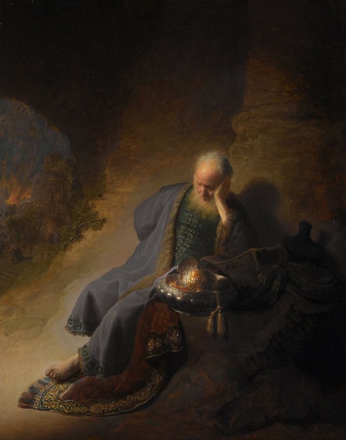 Jeremiah Lamenting the Destruction of Jerusalem, artist’s impression by Rembrandt (1630, Rijksmuseum); the city burns in the background.