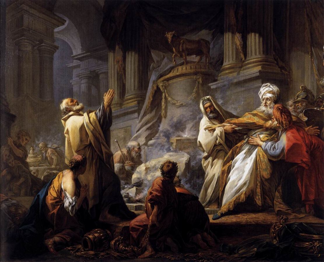 Jeroboam sacrificing at the altar of Bethel, interrupted by the man of God from Judah (1 Kgs 13), artist’s impression by Jean-Honoré Fragonard (1752).