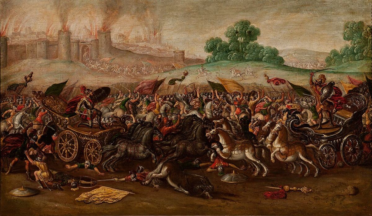 Jérusalem incendiée par l'armée de Nabuchodonosor (587/586 av. J.-C.) : vision d'artiste de l'entourage de Juan de la Corte (vers 1630-1660).