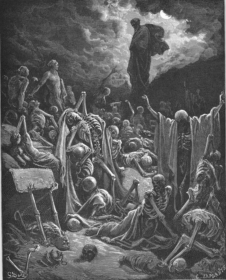 « La vision de la vallée des ossements desséchés » (Ez 37), gravure de Gustave Doré pour la Bible illustrée, 1866 : les ossements se relèvent, image qu'Ézéchiel explique aussitôt par le retour d'Israël dans son pays (Ez 37:11-14, 21). Vision d'artiste.