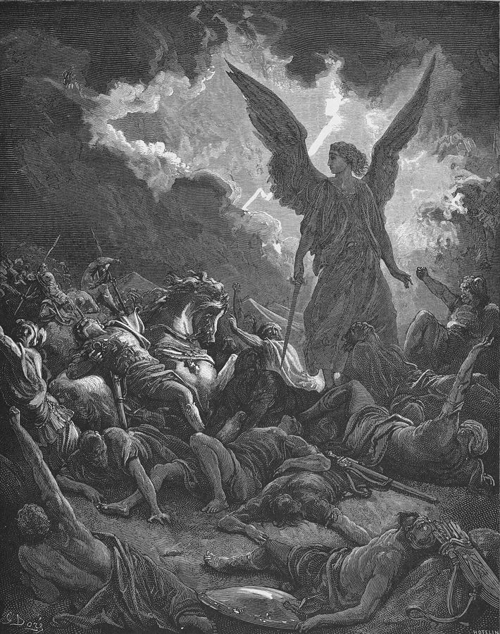 El campamento asirio herido de noche ante Jerusalén (2 R 19:35): visión de artista de Gustave Doré, Biblia de 1866.
