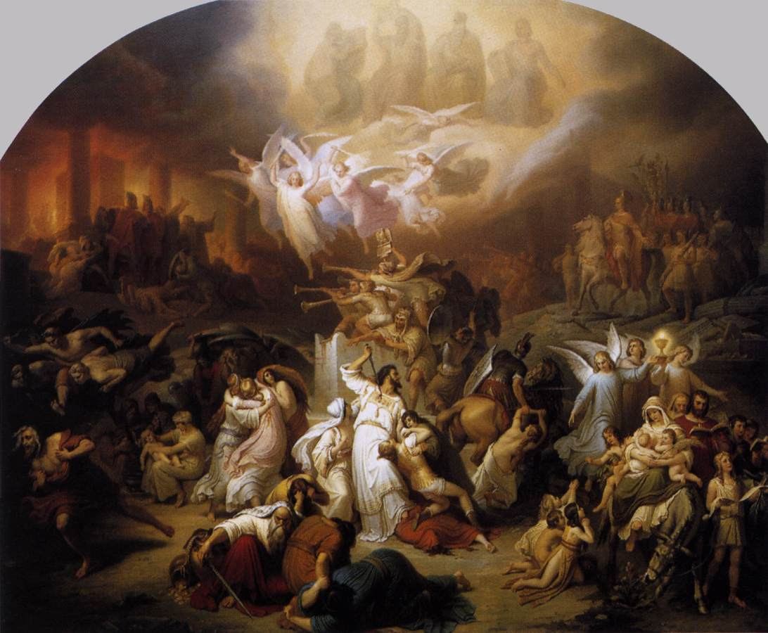 La destrucción de Jerusalén por Tito en el 70, visión de artista de Wilhelm von Kaulbach (1846). Composición alegórica, no una reconstrucción histórica.