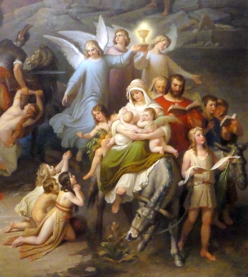 Detalle: una familia sale de Jerusalén guiada por ángeles, figura de los cristianos que huyen de la ciudad. Visión de artista de Wilhelm von Kaulbach (1846).