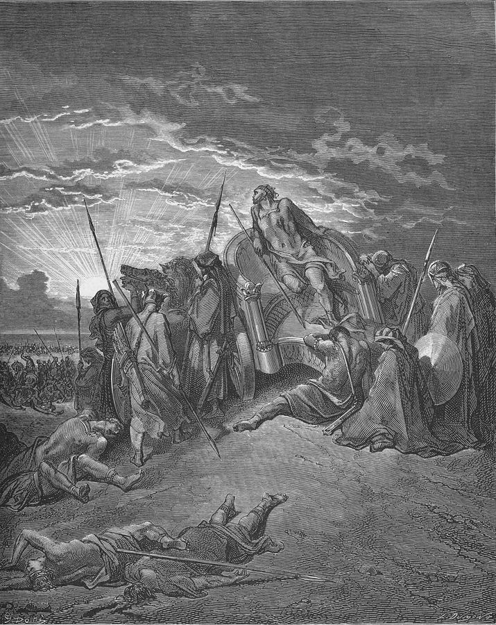 La mort d'Achab à Ramoth en Galaad, vision d'artiste de Gustave Doré (Bible de 1866), d'après 1 R 22:34-37.