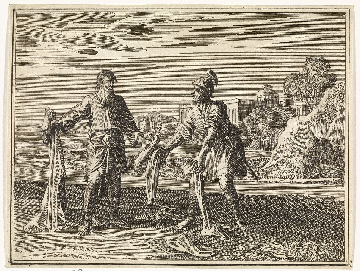 Ahijah tears his cloak into twelve pieces and gives ten to Jeroboam (1 Kgs 11:29-31), artist’s impression, etching by Caspar Luyken (1712).