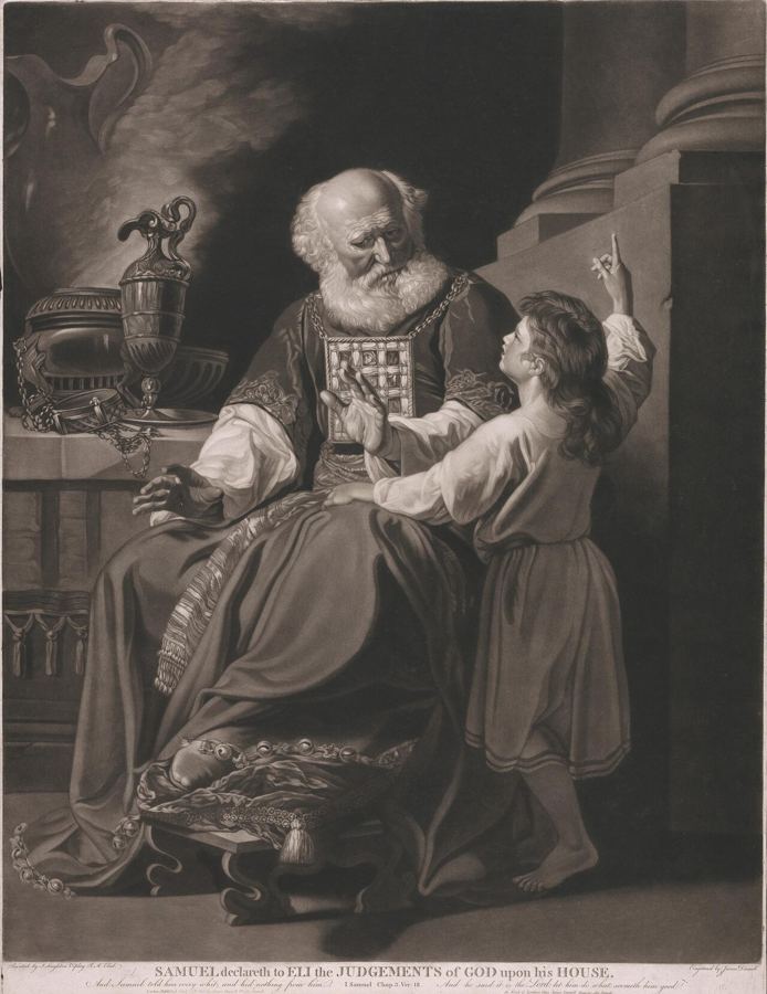 Samuel annonce à Éli les jugements de Dieu sur sa maison : gravure de James Daniell (1805) d'après Copley. Vision d'artiste.