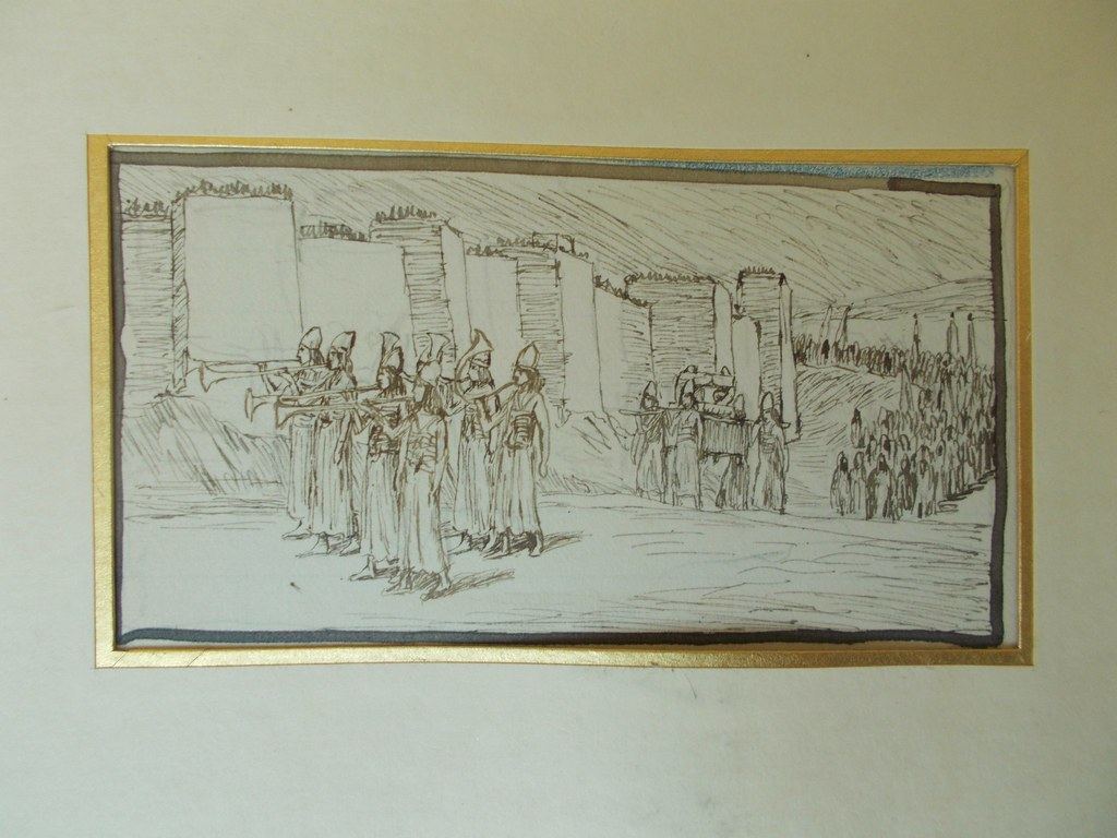 Les sept trompettes autour de Jéricho (Jos 6:13), juste avant la chute et la malédiction de Jos 6:26 : vision d’artiste de James Tissot, vers 1896-1902.