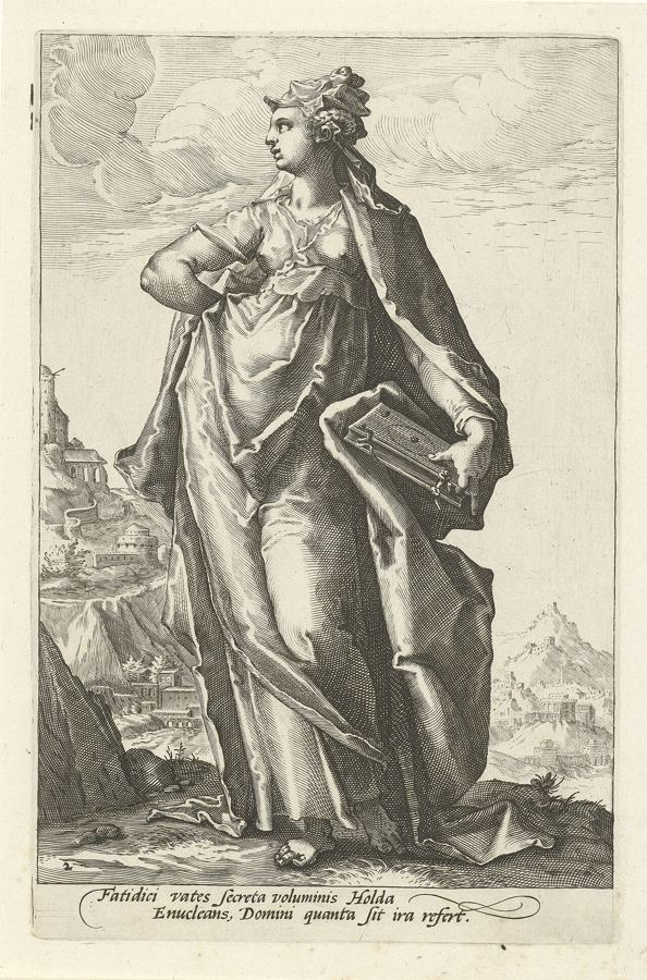 La prophétesse Hulda, qui annonça à Josias qu’il serait recueilli en paix : vision d’artiste, gravure attribuée à Jacob Matham d’après Goltzius, 1588.