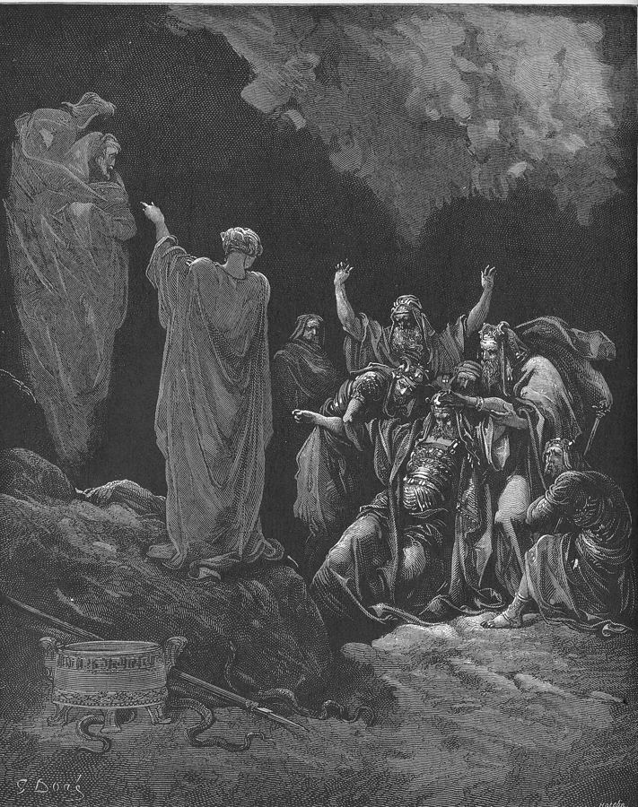 Saul with the medium of Endor, artist’s impression by Gustave Doré (1866 Bible), after 1 Sam 28:7-25.