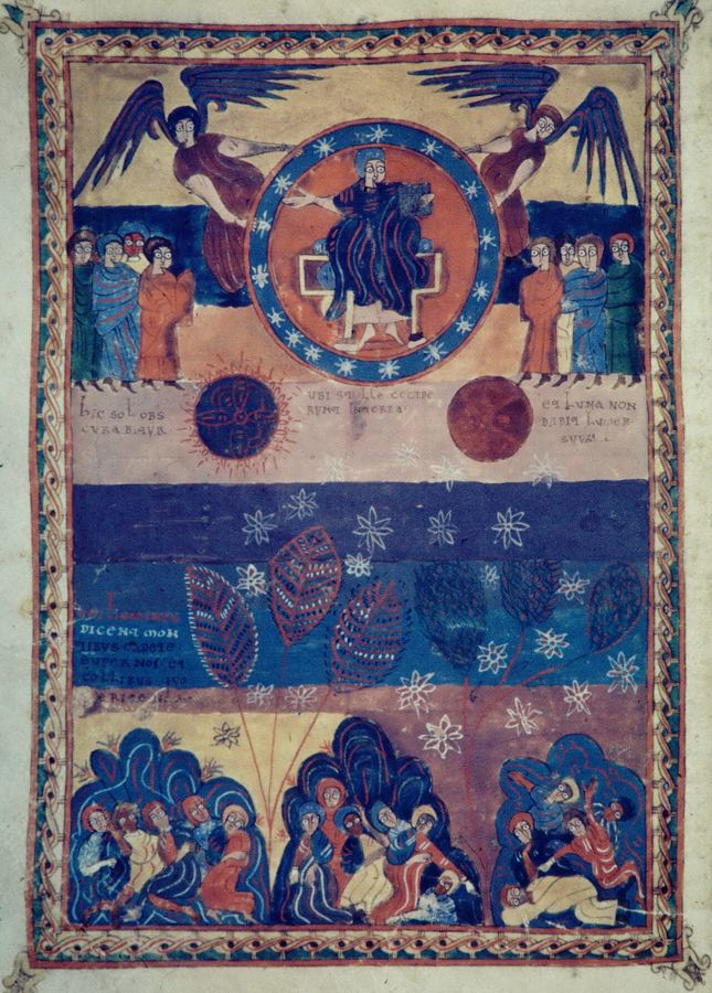 Le 6e sceau et la chute des astres (Ap 6:12-14), parallèle de Mt 24:29. Enluminure du Beatus de Valcavado (970) ; scène annoncée, pas arrivée.