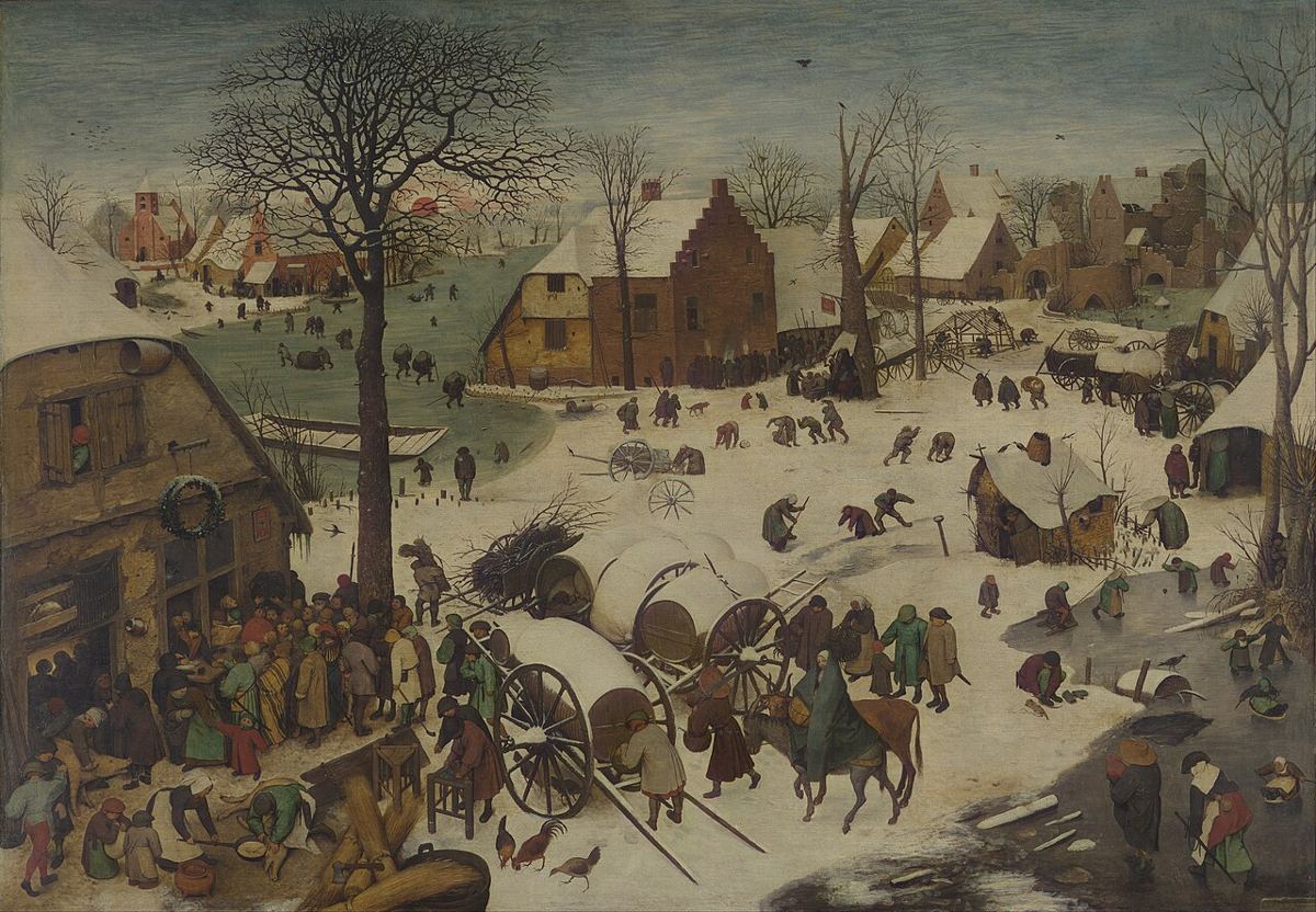 The Census at Bethlehem, artist’s impression by Pieter Bruegel the Elder (1566): Mary and Joseph arrive in a Bethlehem transposed into a Flemish village.